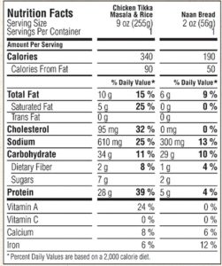 Nutritional information for Chicken Tikka Masala Frozen Entree