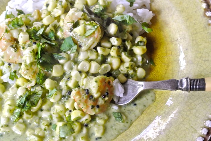 Indian shrimp curry on large plate with fork