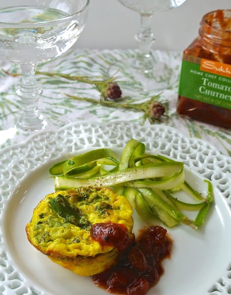 Crustless Asparagus Quiche with Shaved Raw Asparagus and Sukhi's Tomato Chutney