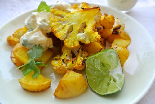 Turmeric-Laced Cauliflower and Potatoes with Golden Jalapeño Yogurt