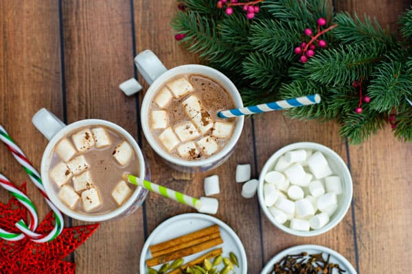 Indian Spicy Hot Chocolate in two cups with marshmallow on top and other ingredients spread as garnish