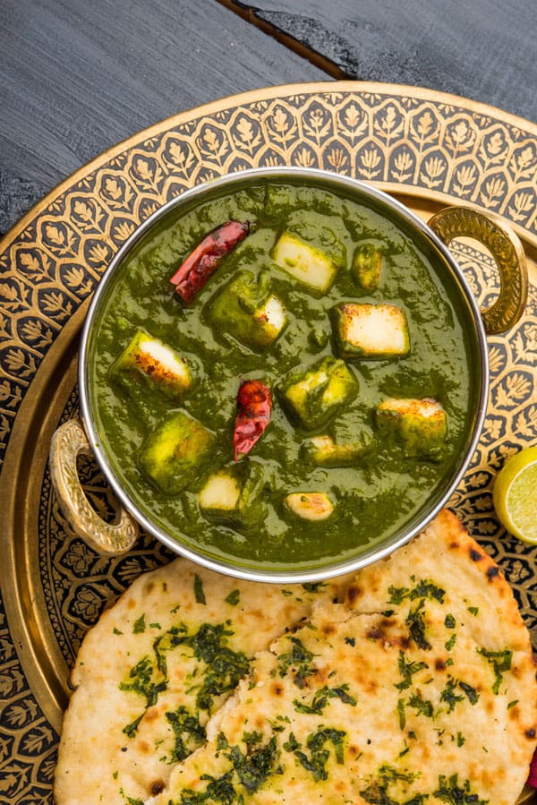 Instant Pot Palak Paneer Served with Naan on the side