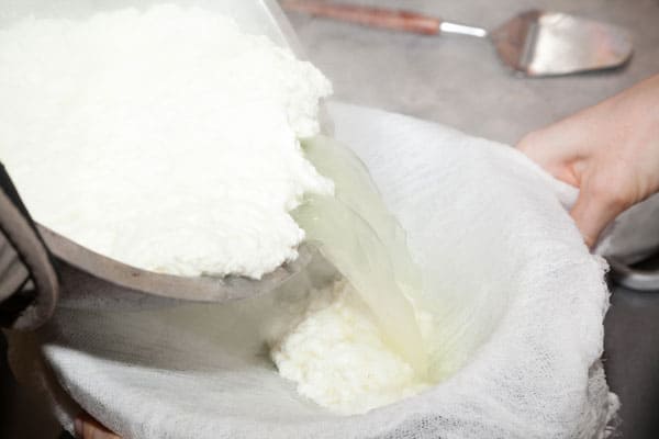 Straing Paneer Curds through cheesecloth to make paneer
