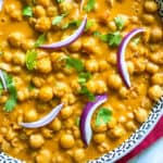 A close up shot of vegan tikka masala curry in a bowl
