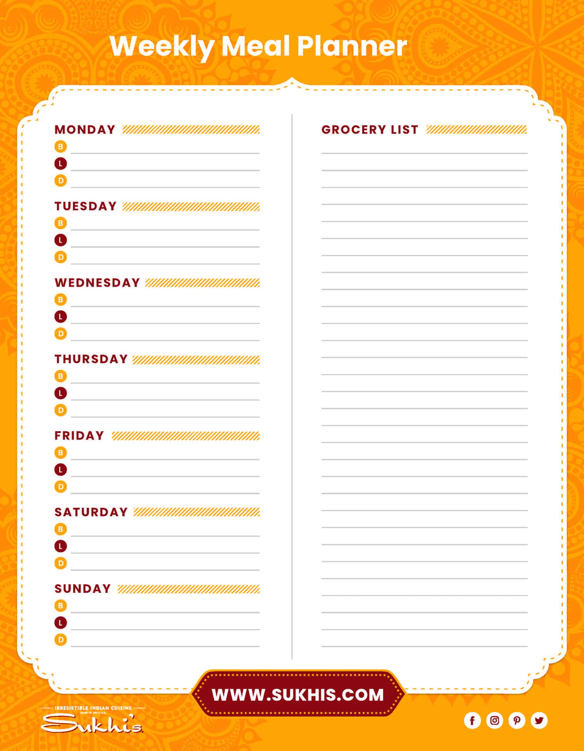 Sukhi's Weekly Meal Planner