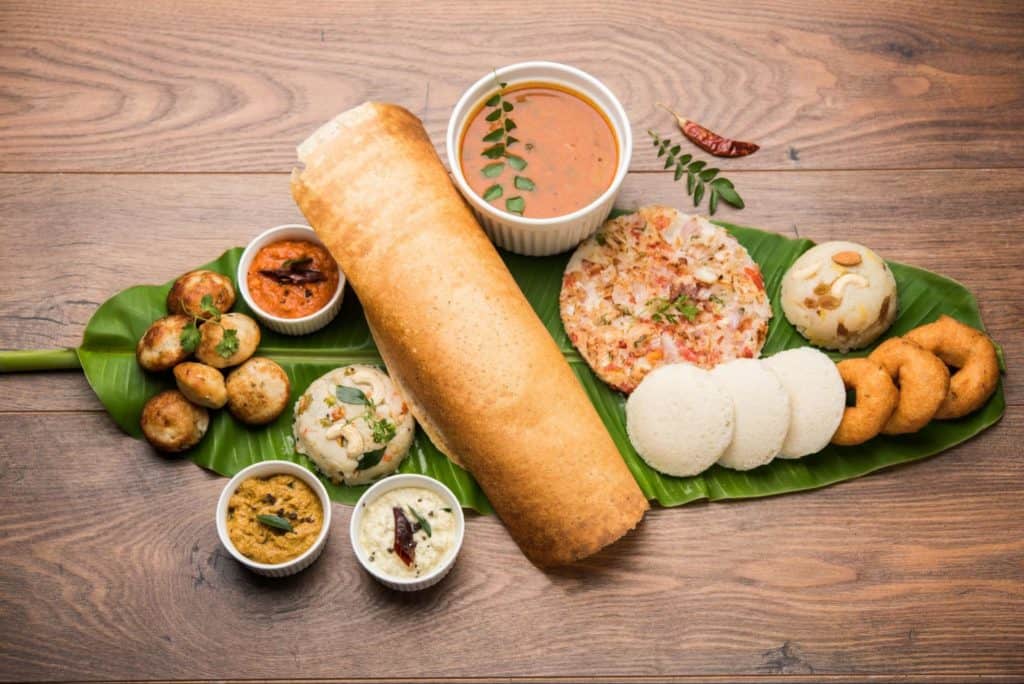 A delicious platter of South Indian food.