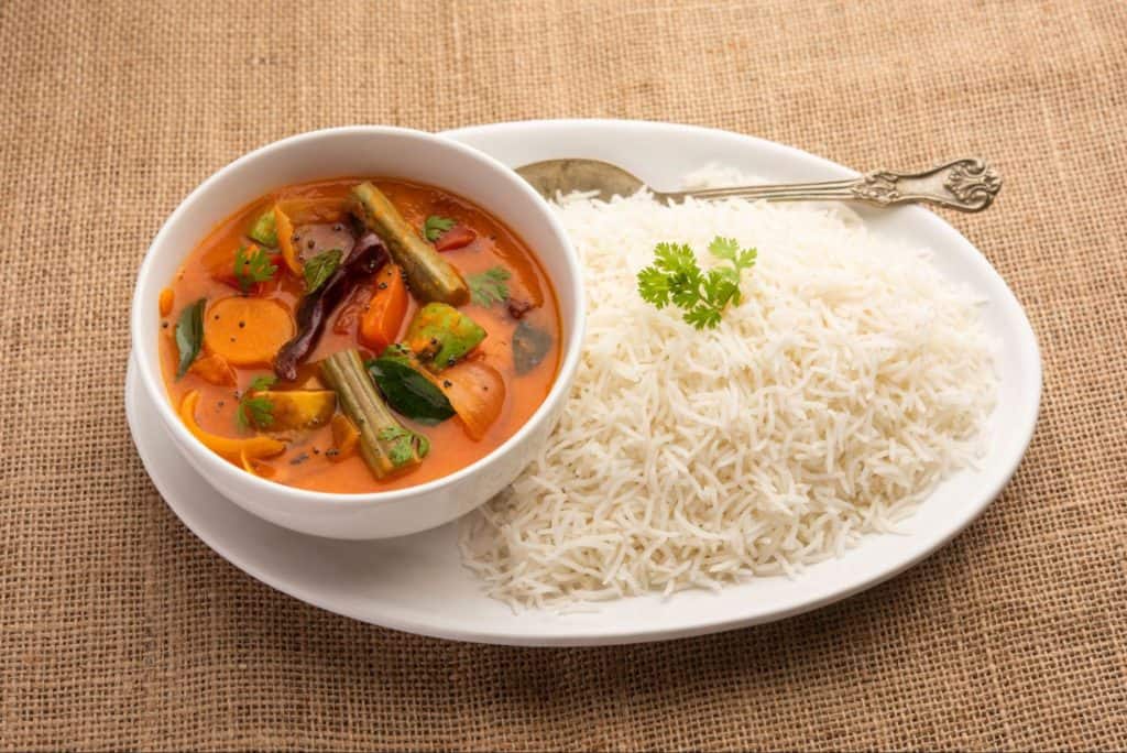 Sambar, a spicy lentil dish peppered with hot chilies.