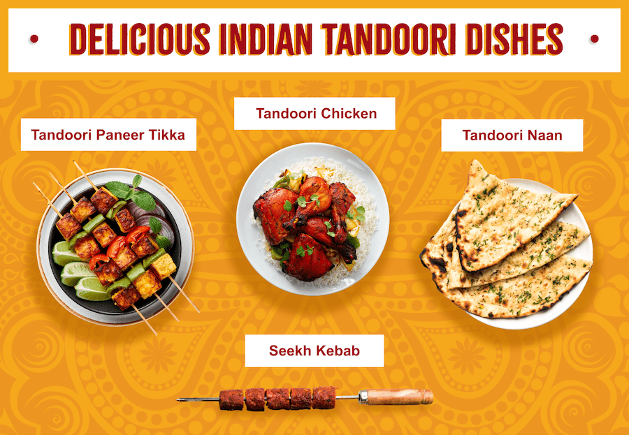 Delicious Tandoori dishes like seekh kebab, tandoori naan, paneer tikka, and tandoori chicken