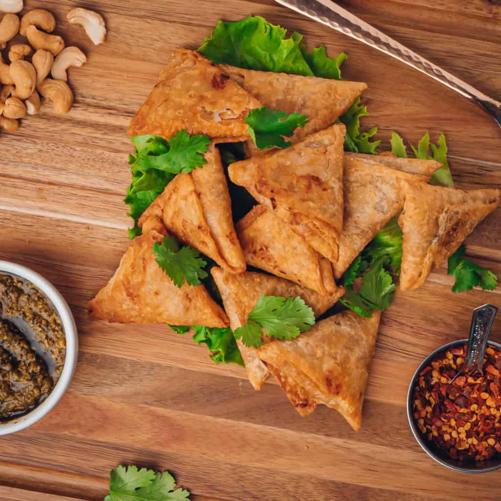 sukhi's samosas on cutting board