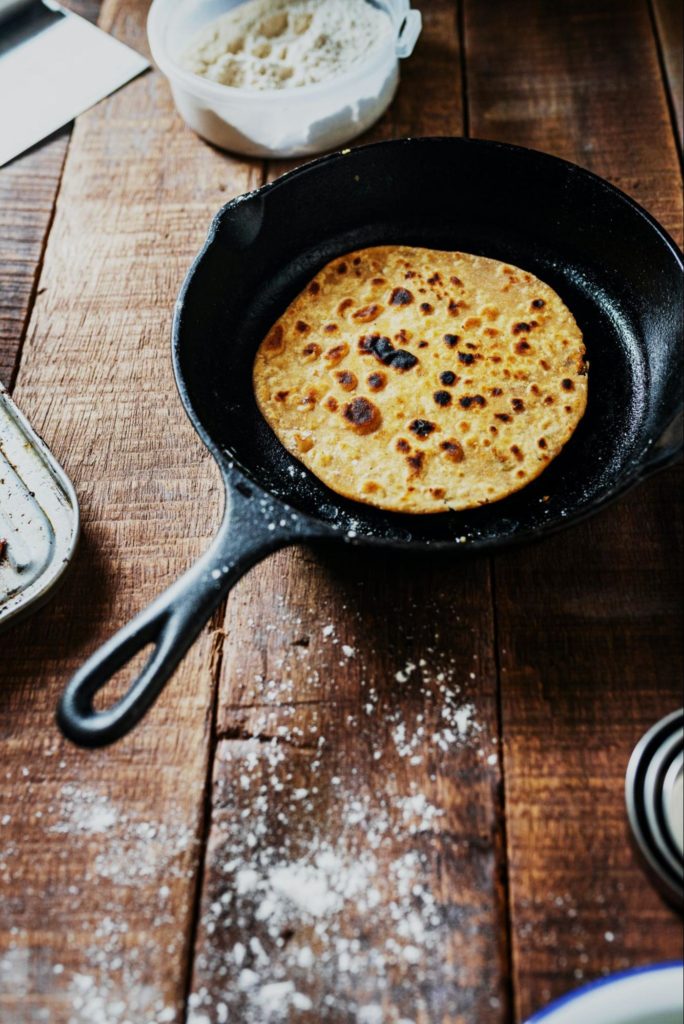 Chapati bread in skillet